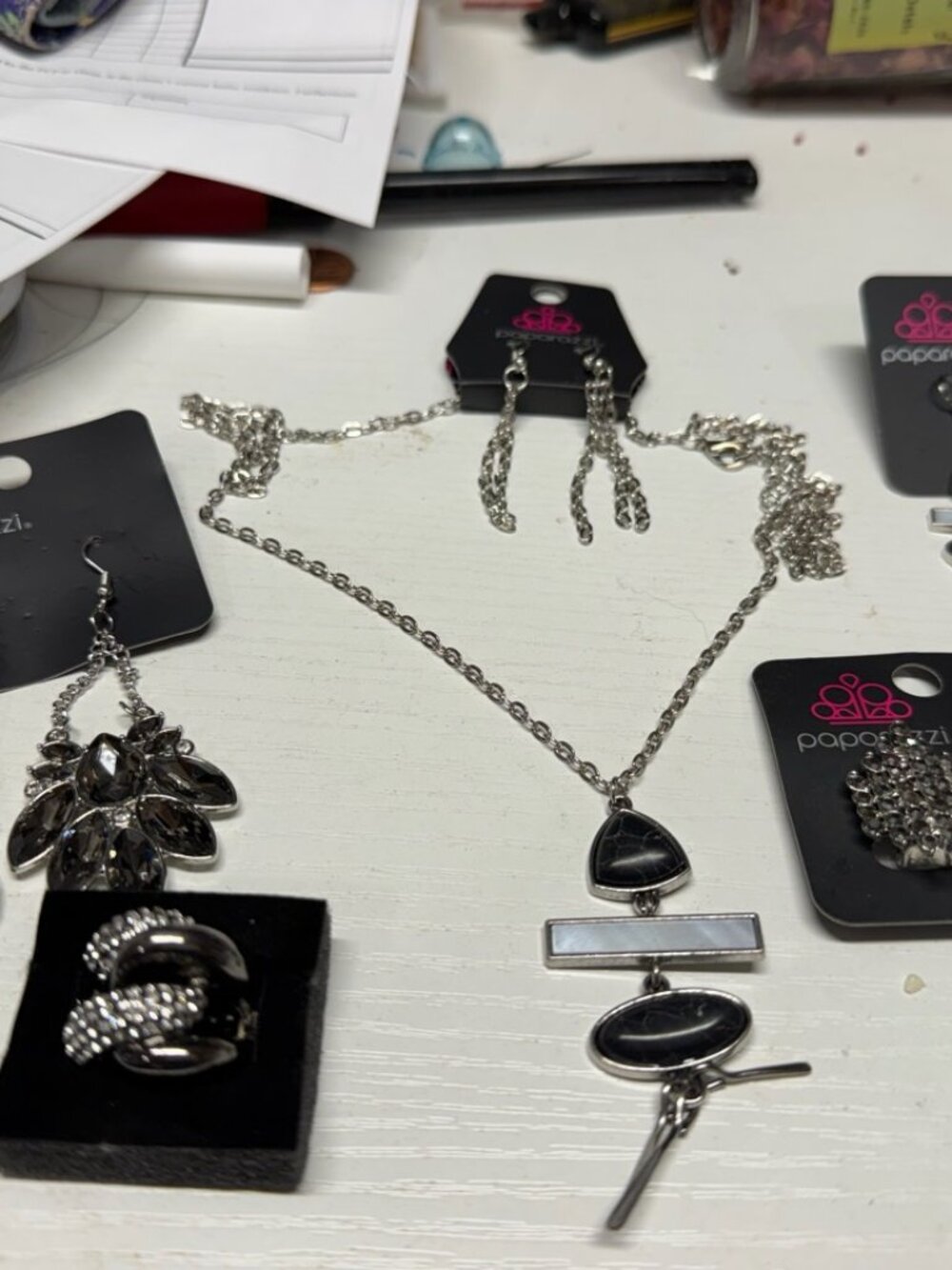 Paparazzi Black Silver Tone Bundle Necklace Set 3 Earring Pairs Ring
